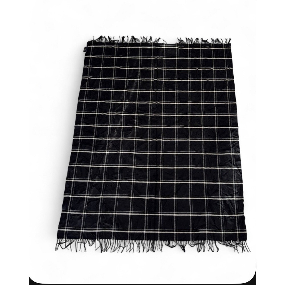 Pendleton 100% Wool Blanket Made in USA Vintage Black White Plaid Fringe 72x56